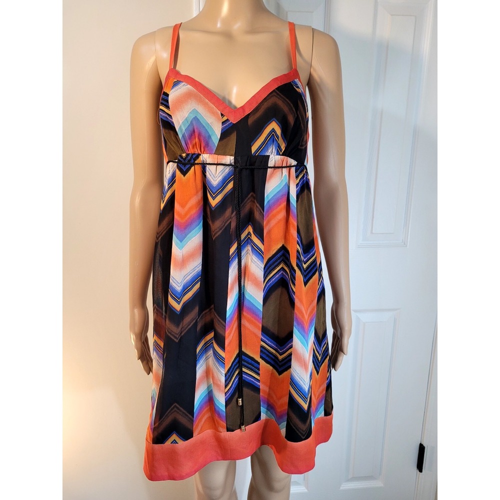 Guess Jeans Silk Chevron Mini Dress Orange Blue Zig Zag Empire Waist Size 9